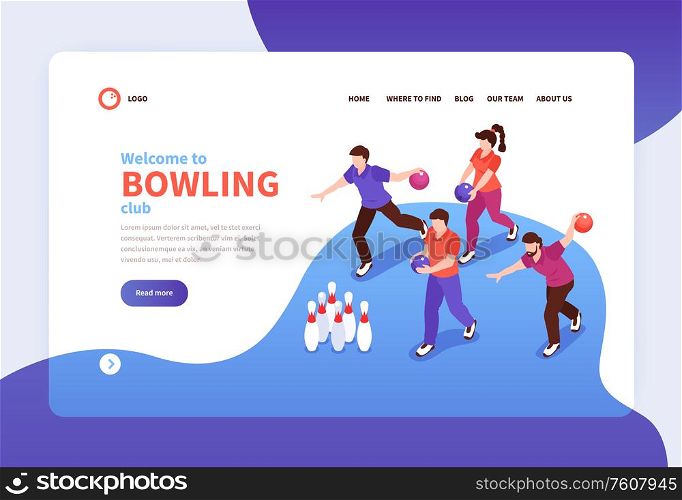 Bowling club isometric landing page welcoming new members with competing bowlers knocking down pins banner vector illustration