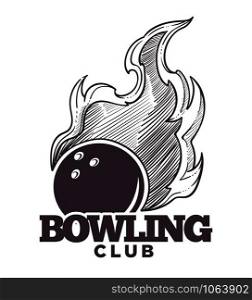 Bowling club logo, monochrome sketch outline icon with ball vector. Isolated sign of rounded item and fire, quick movement of spherical object with holes. Strike in game, sport championship tournament. Bowling club logo, monochrome sketch outline icon with ball