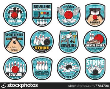 Bowling club vector icons. Skittles and ball on alley, sport and leisure game recreation center. Bowling lane and shoes rentals and kid league party service. Sports tournament isolated emblems set. Bowling club icons. Skittles and ball on alley