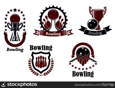 Bowling competition icons with balls, ninepins and trophy cups on lanes adorned by stars, ribbon banners and heraldic shield laurel wreath. Bowling icons with balls, ninepins and trophy