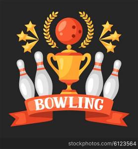 Bowling emblem with game objects. Image for advertising booklets, banners, flayers.