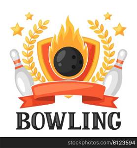 Bowling emblem with game objects. Image for advertising booklets, banners, flayers.