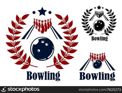 Bowling emblems and symbols set with a bowling ball and alley with the pins in the background in three variants with and without circular laurel wreaths. Bowling emblems vector set