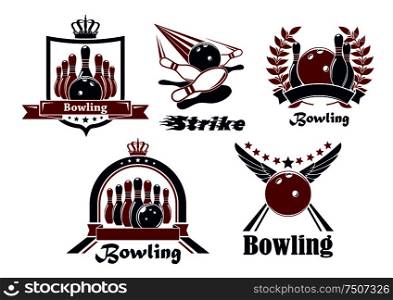 Bowling emblems with balls, ninepins, strike, lanes, supplemented heraldic shield, wreath ribbon banners stars wings and crowns . Bowling emblems with game items