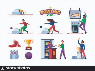 Bowling equipment. Sport active game skittles balls bowling players garish vector illustrations in flat style. Bowling activity sport and game. Bowling equipment. Sport active game skittles balls bowling players garish vector illustrations in flat style