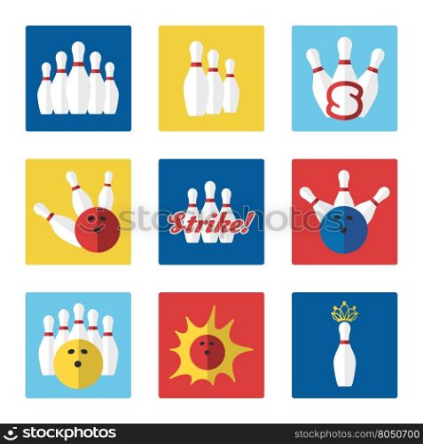 Bowling flat colorful icons set. Bowling flat colorful icons set vector with ball and skittle