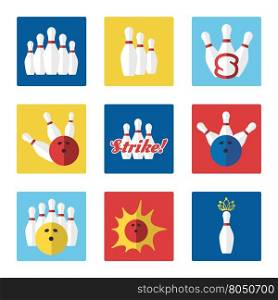 Bowling flat colorful icons set. Bowling flat colorful icons set vector with ball and skittle