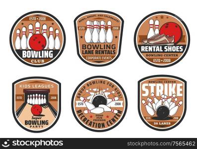 Bowling game center icons, sport club recreation and entertainment. Vector bowling game club lane and shoes rentals, balls and skittle pins, victory strike. Bowling club, sport game icons