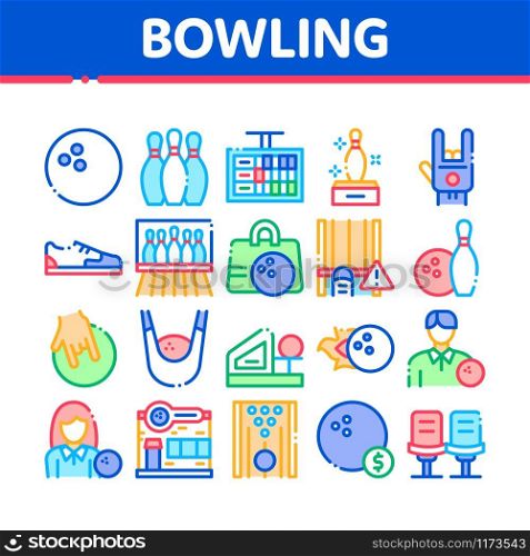 Bowling Game Tools Collection Icons Set Vector. Bowling Ball and Skittle, Building And Stool, Scoreboard And Shoe, Player And Hand Gesture Concept Linear Pictograms. Color Contour Illustrations. Bowling Game Tools Collection Icons Set Vector