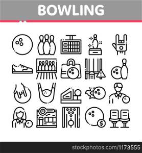 Bowling Game Tools Collection Icons Set Vector. Bowling Ball and Skittle, Building And Stool, Scoreboard And Shoe, Player And Hand Gesture Concept Linear Pictograms. Monochrome Contour Illustrations. Bowling Game Tools Collection Icons Set Vector
