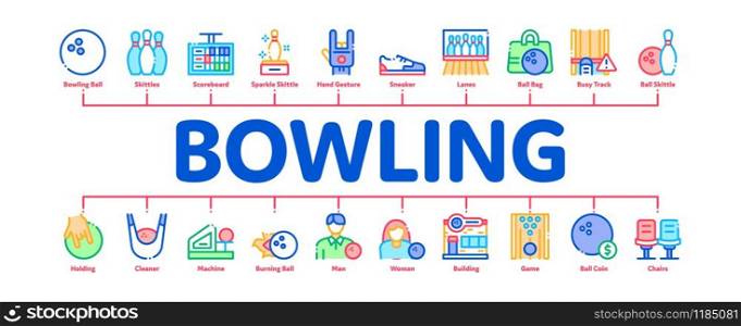 Bowling Game Tools Minimal Infographic Web Banner Vector. Bowling Ball and Skittle, Building And Stool, Scoreboard And Shoe, Player And Hand Gesture Concept Illustrations. Bowling Game Tools Minimal Infographic Banner Vector
