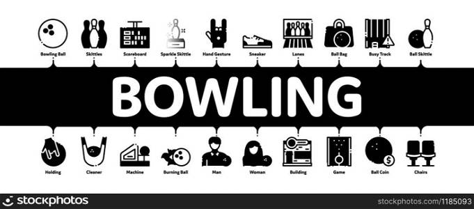 Bowling Game Tools Minimal Infographic Web Banner Vector. Bowling Ball and Skittle, Building And Stool, Scoreboard And Shoe, Player And Hand Gesture Concept Illustrations. Bowling Game Tools Minimal Infographic Banner Vector