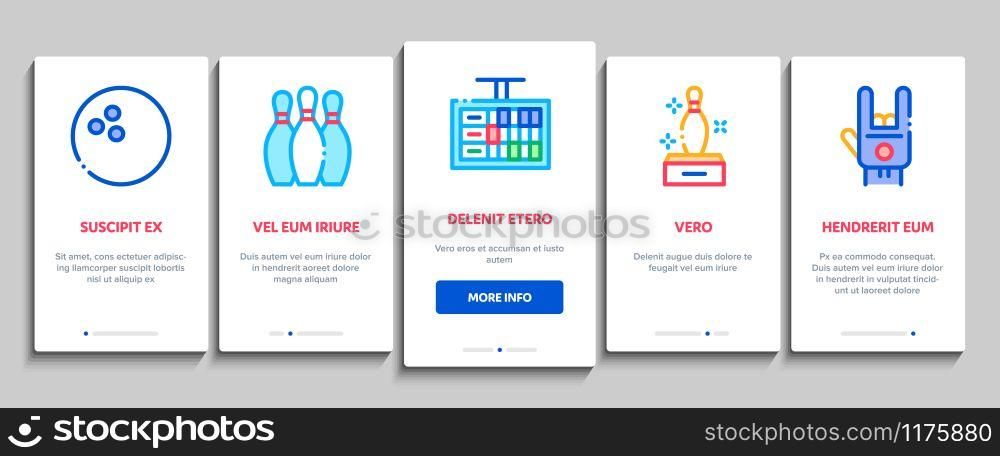Bowling Game Tools Onboarding Mobile App Page Screen Vector. Bowling Ball and Skittle, Building And Stool, Scoreboard And Shoe, Player And Hand Gesture Concept Linear Pictograms. Color Contour Illustrations. Bowling Game Tools Onboarding Elements Icons Set Vector