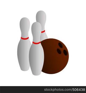 Bowling icon in isometric 3d style on white background. Three pins and a bowling ball. Bowling icon, isometric 3d style