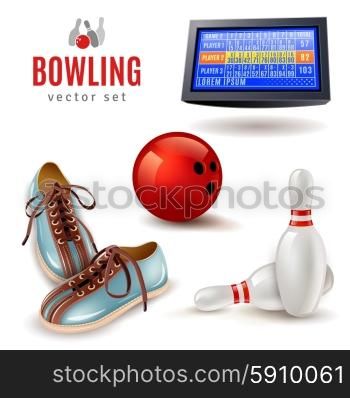 Bowling Icons Set. Bowling realistic icons set with shoes ball and pins isolated vector illustration