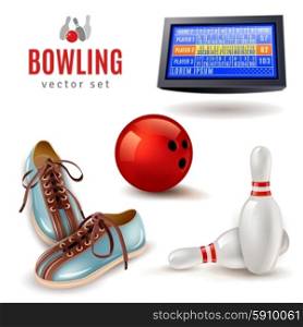 Bowling Icons Set. Bowling realistic icons set with shoes ball and pins isolated vector illustration