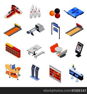 Bowling isometric icons with game equipment, cafe tables, shelves for shoes and balls isolated vector illustration. Bowling Isometric Icons
