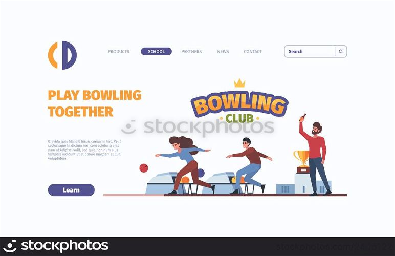 Bowling landing. Sport active game equipment balls skittles garish vector web page template with place for text. Illustration of bowling game, activity competition and entertainment. Bowling landing. Sport active game equipment balls skittles garish vector web page template with place for text