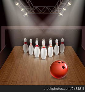 Bowling lane with exposed skittles and red ball under spotlights 3d vector illustration . Bowling 3D Illustration