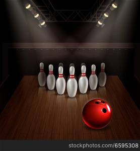 Bowling lane with exposed skittles and red ball under spotlights 3d vector illustration . Bowling 3D Illustration
