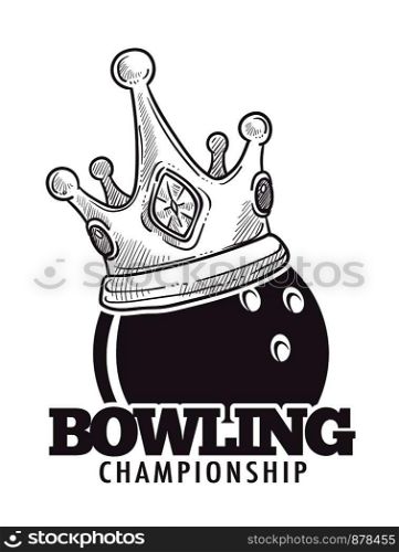 Bowling league poster with ball and skittle monochrome sketch outline vector. Sport and hobby of people, recreation with active fun game, competition playing. Motion tournament logotype emblem. Bowling league poster with ball and skittle monochrome sketch outline vector.