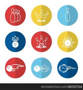 Bowling line icons set. Bowling line icons set vector with ball and skittle