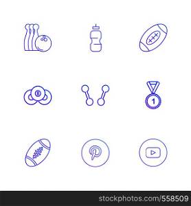 bowling , medal , rugby , pintrest , dumbell , sports , games , fitness , athletics , football , bodybuilding , snooker , ball , cricket , tennis , stopwatch , golf , social , media , icon, vector, design, flat, collection, style, creative, icons