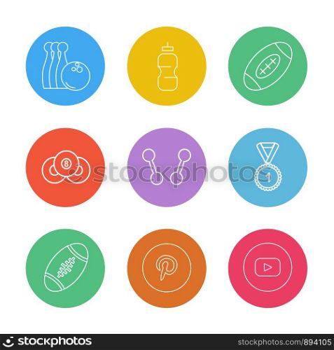 bowling , medal , rugby , pintrest , dumbell , sports , games , fitness , athletics , football , bodybuilding , snooker , ball , cricket , tennis , stopwatch , golf , social , media , icon, vector, design, flat, collection, style, creative, icons