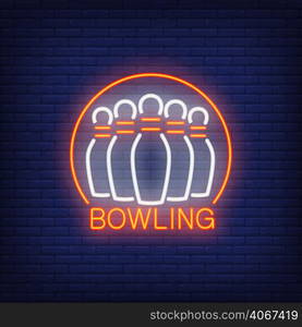 Bowling neon sign with skittles and round frame. Night bright advertisement. Vector illustration for bowling club, sport bar