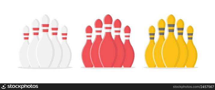 Bowling pin in flat style. Bowling pin group in different colors. Vector stock