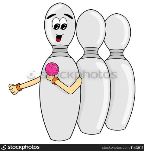 bowling pins are lining up and smiling. vector illustration of cartoon sticker