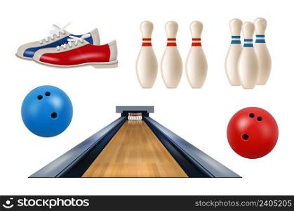 Bowling realistic. Gaming balls skittles specific shoes sneakers rating table result sport active game decent vector collection set isolated. Illustration of game sport and hobby elements. Bowling realistic. Gaming balls skittles specific shoes sneakers rating table result sport active game decent vector collection set isolated