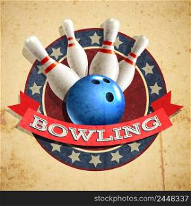 Bowling sport emblem with ball and pins on textured background vector illustration. Bowling Emblem Background