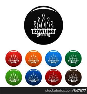Bowling strike icons set 9 color vector isolated on white for any design. Bowling strike icons set color