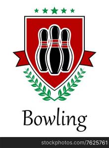 Bowling symbol for sporting design with ninepins, laurel wreath, ribbon, heraldic shield and text