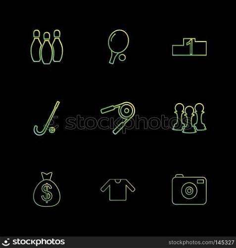 bowling,  table tennis , camera , dollar, sports , games , fitness , athletics , football , bodybuilding , snooker , ball , cricket , tennis , stopwatch , golf  , social , media , icon, vector, design,  flat,  collection, style, creative,  icons