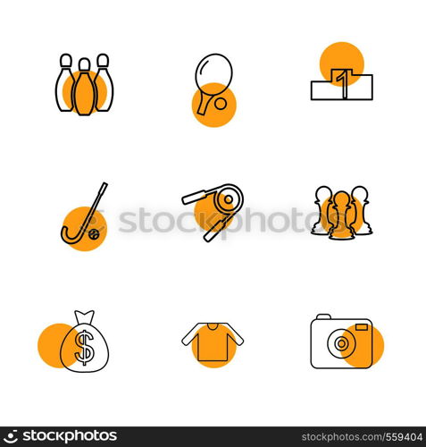 bowling, table tennis , camera , dollar, sports , games , fitness , athletics , football , bodybuilding , snooker , ball , cricket , tennis , stopwatch , golf , social , media , icon, vector, design, flat, collection, style, creative, icons