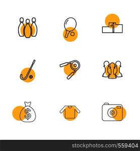 bowling, table tennis , camera , dollar, sports , games , fitness , athletics , football , bodybuilding , snooker , ball , cricket , tennis , stopwatch , golf , social , media , icon, vector, design, flat, collection, style, creative, icons