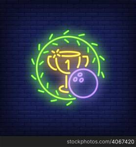 Bowling tournament. Neon sign with ball, cup and green wreath. Night bright advertisement. Vector illustration for bowling club, sport bar