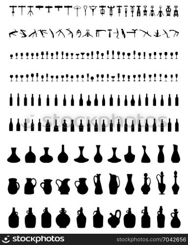 bowls, bottles, glasses and corkscrew