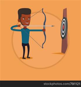 Bowman shooting with bows during archery competition. Bowman aiming with bow and arrow at the target. Bowman practicing with bow. Vector flat design illustration in the circle isolated on background.. Archer aiming with bow and arrow at the target.