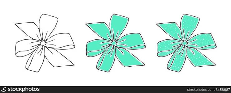 Bows. Hand drawn light green bow. Decorative birthday holiday ribbons. Vector illustration