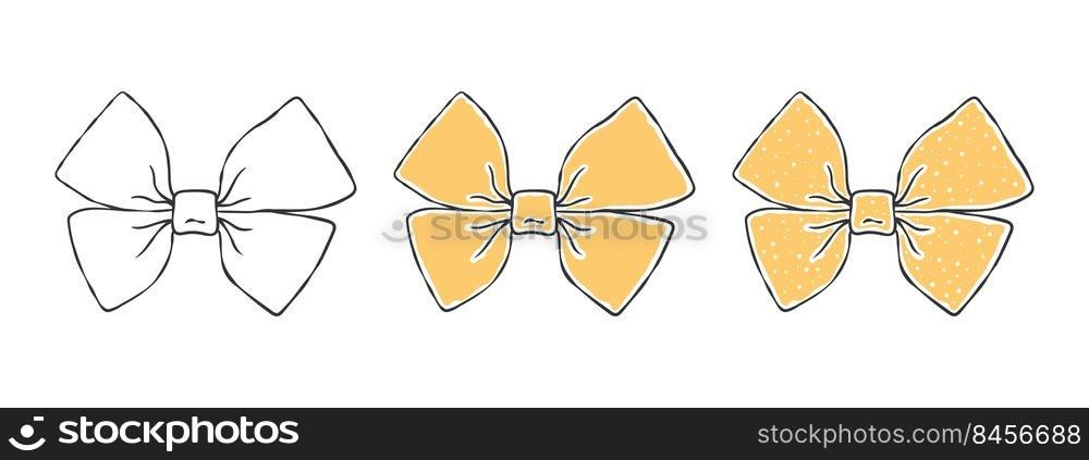 Bows. Hand drawn light yellow bow. Decorative birthday holiday ribbons. Vector illustration