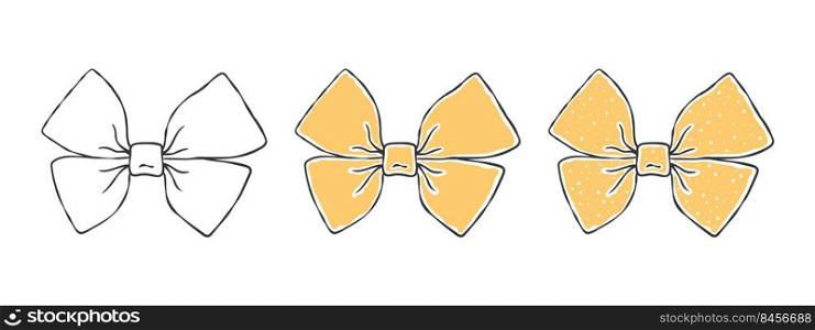 Bows. Hand drawn light yellow bow. Decorative birthday holiday ribbons. Vector illustration