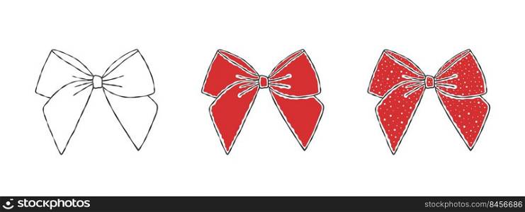 Bows. Hand drawn red bow. Decoration birthday holiday ribbons. Vector illustration