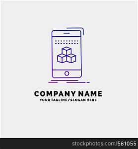box, 3d, cube, smartphone, product Purple Business Logo Template. Place for Tagline. Vector EPS10 Abstract Template background