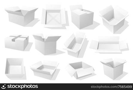 Box 3d vector mockups of blank white cardboard packages in different angels. Open and closed carton paper pack and delivery parcel realistic templates, medicine, food and cosmetic packaging themes. White paper carboard box, package, pack mockups