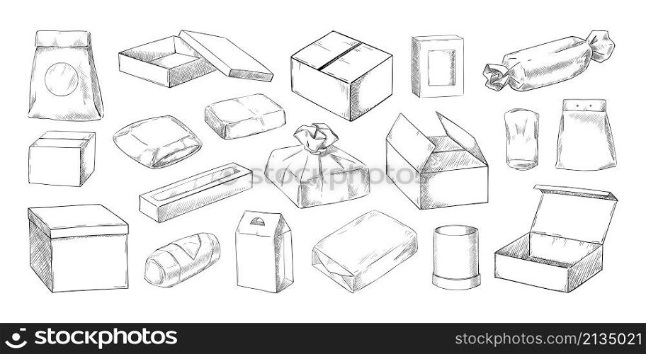Box and package sketch. Hand drawn open and closed delivery containers and breakfast lunchbox. Grocery cardboard package. Paper food packs. Takeaway snack packaging. Vector isolated meal wrappers set. Box and package sketch. Hand drawn open and closed delivery containers and breakfast lunchbox. Cardboard package. Paper food packs. Takeaway snack packaging. Vector meal wrappers set