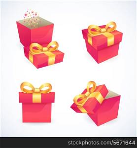 Box and pink package gift delivery with ribbon bow icons set isolated vector illustration