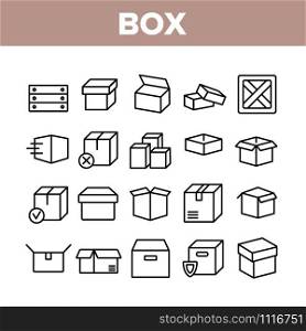 Box Carton Package Collection Icons Set Vector Thin Line. Wooden And Cardboard, Opened And Closed Box, Object For Storage And Delivery Concept Linear Pictograms. Monochrome Contour Illustrations. Box Carton Package Collection Icons Set Vector